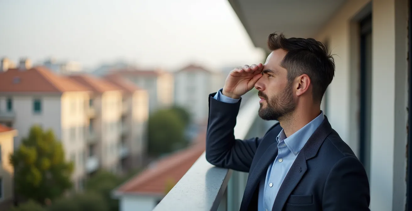 Professionnel de l'immobilier observant attentivement l'environnement urbain de Saint Herblain