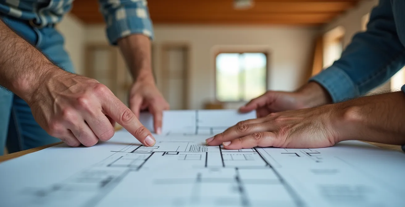 Artisan professionnel examinant des plans avec un propriétaire dans un intérieur en rénovation