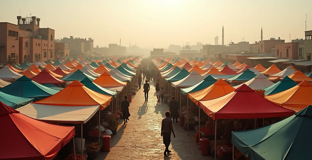 Vue aérienne minimaliste du marché local de Rezé avec ses stands colorés