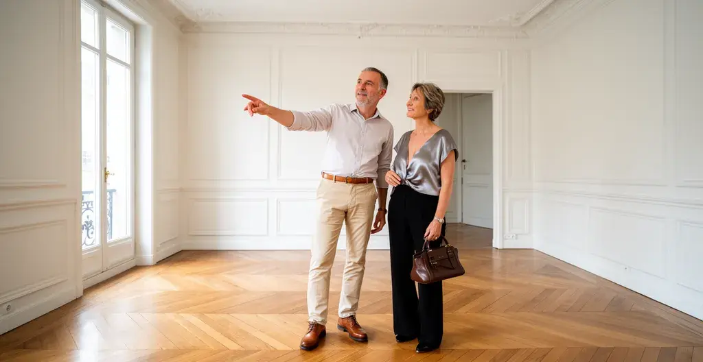 Agent immobilier et cliente visitant un appartement parisien vide lors d'une estimation