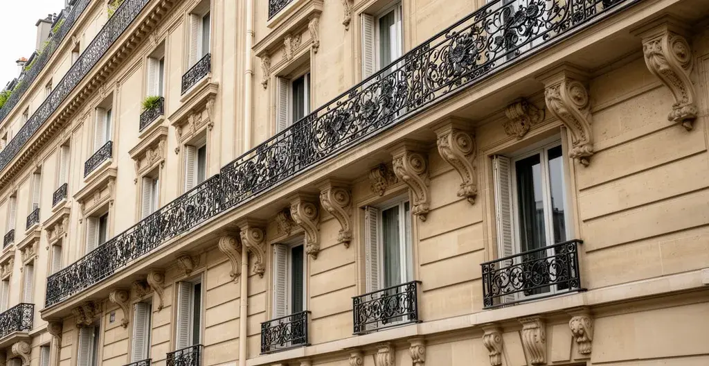 Façade immeuble haussmannien Paris avec balcons en fer forgé et pierres de taille