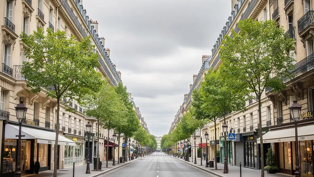 Perspective d'avenue prestigieuse parisienne avec architecture haussmannienne classique