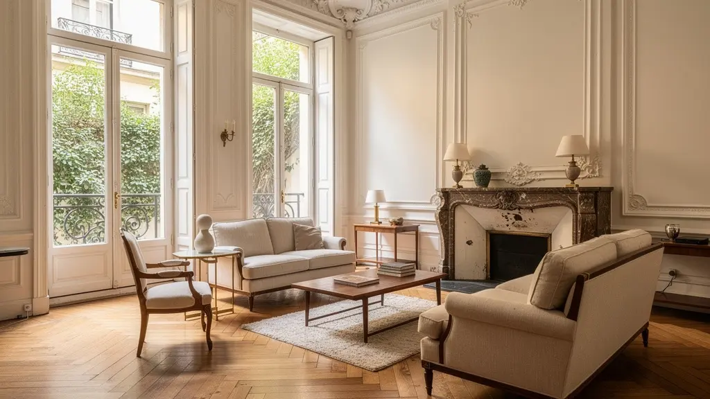 Intérieur d'appartement haussmannien de luxe avec moulures, parquet et hauts plafonds à Paris