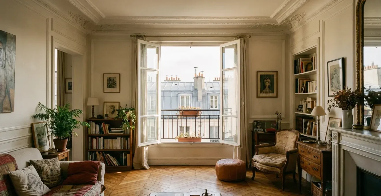 Salon lumineux appartement haussmannien Paris avec vue sur toits