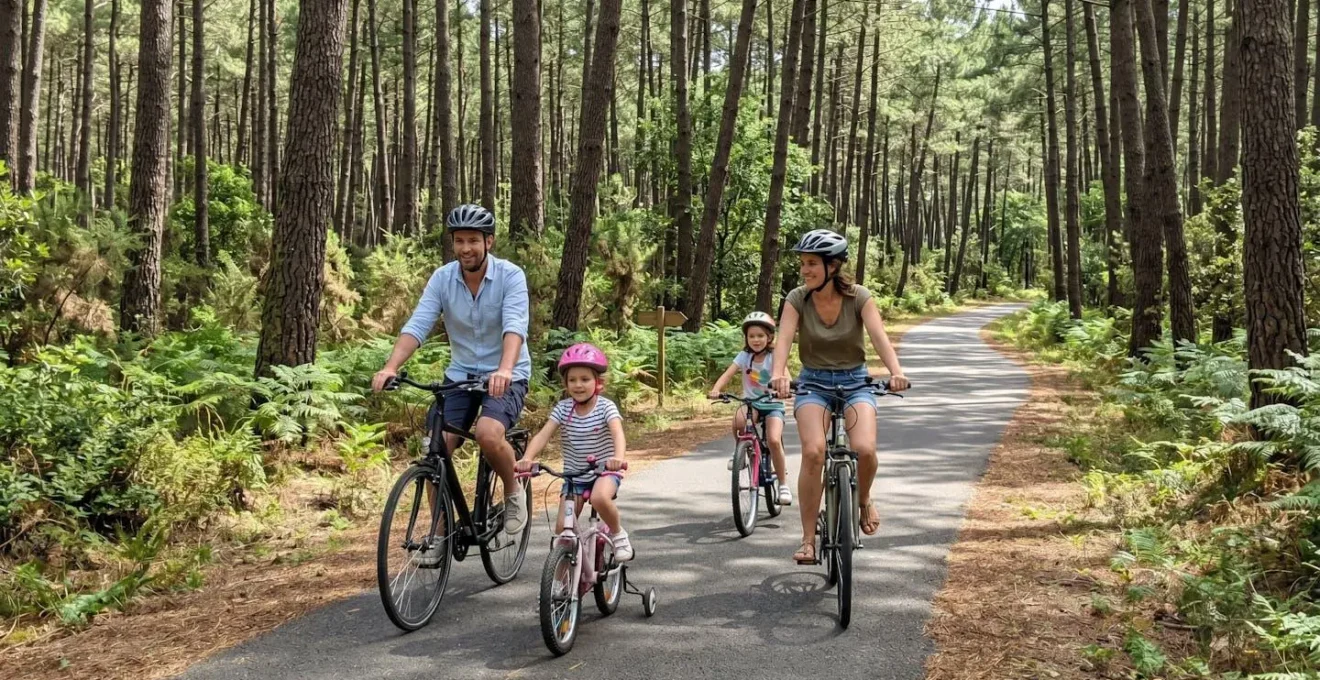 Famille avec enfants circulant à vélo sur une piste cyclable ombragée traversant la forêt de pins landaise sous un ciel lumineux