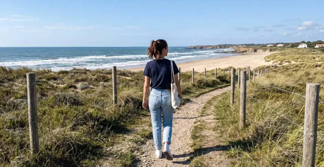 Personne marchant de dos sur un sentier côtier landais avec végétation dunaire et aperçu de l'océan Atlantique en arrière-plan sous une lumière naturelle d'après-midi