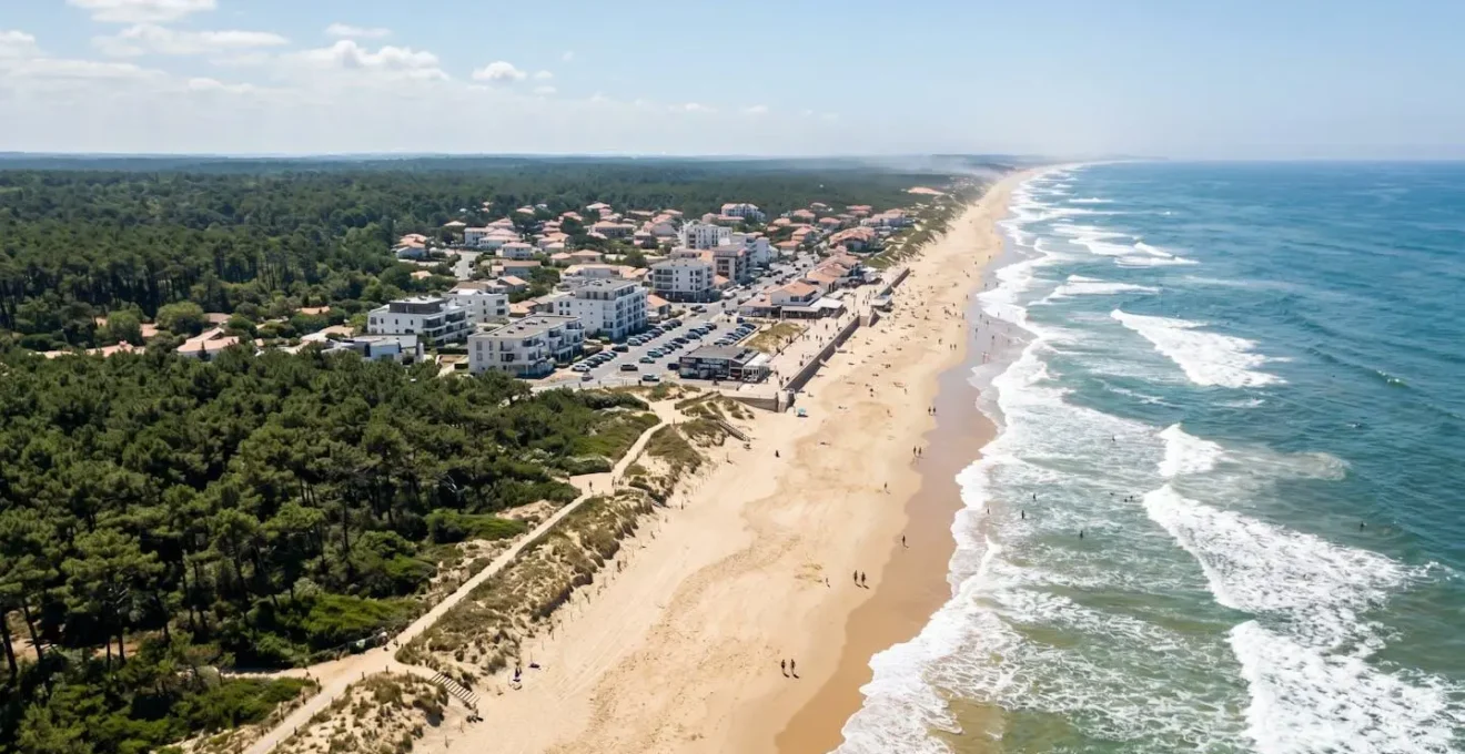 Vue aérienne panoramique de la côte landaise avec ses plages océanes, la forêt de pins maritime et l'urbanisation littorale en arrière-plan sous un ciel lumineux