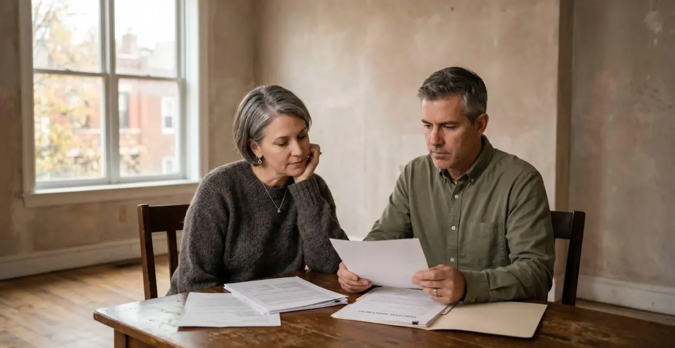 Couple de vendeurs en discussion autour d'une table dans un appartement à vendre, analysant des documents