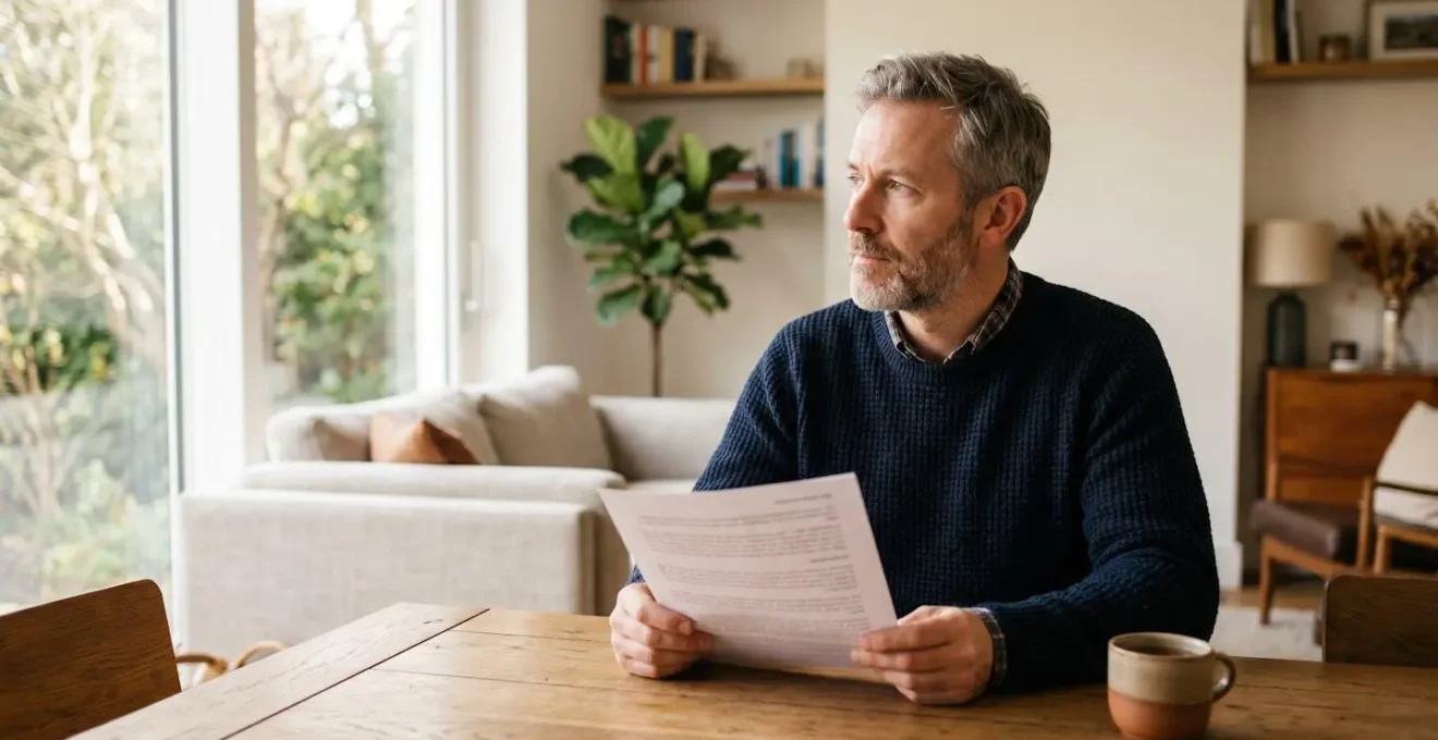 Propriétaire vendeur lisant une offre d'achat sur son bureau dans un salon lumineux