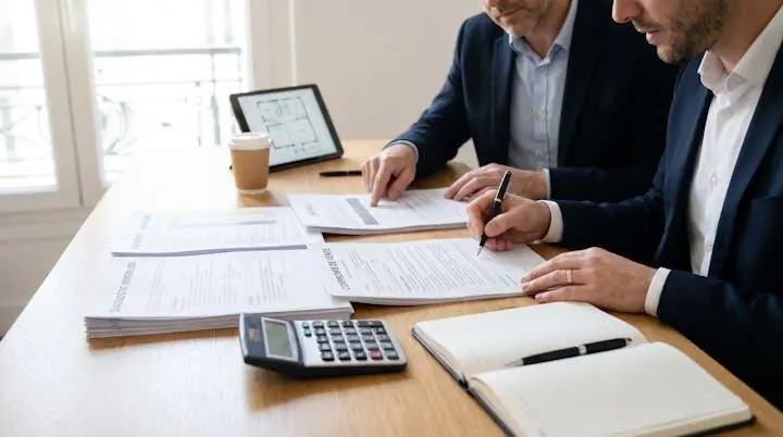 Bureau d'agence immobilière avec documents de transaction et prise de notes pour négociation d'achat