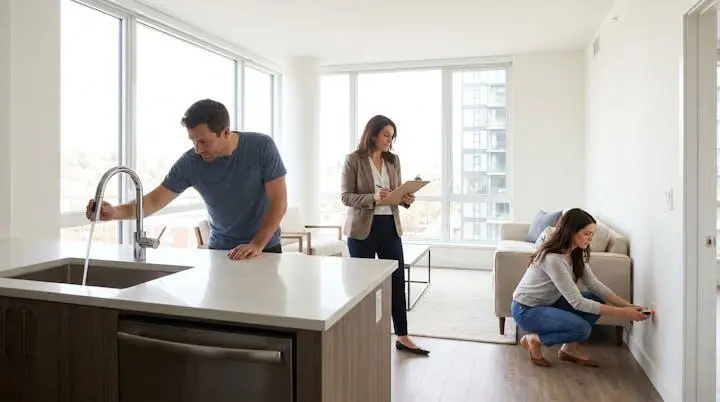 Couple visitant un appartement moderne, inspectant méthodiquement les équipements dans une cuisine contemporaine bien éclairée